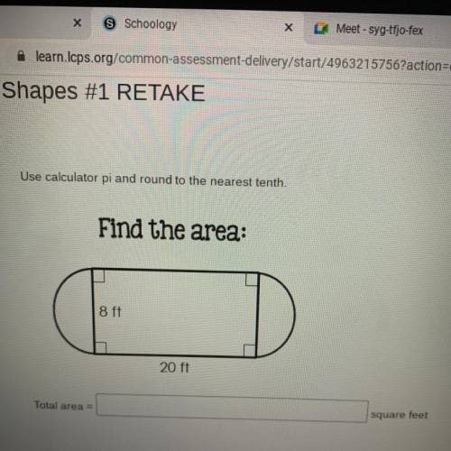 Use calculator pi and round to the nearest tenth.
Find the area: