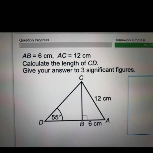 AB = 6 cm, AC = 12 cm

Calculate the length of CD.
Give your answer to 3 significant figures.
С
12