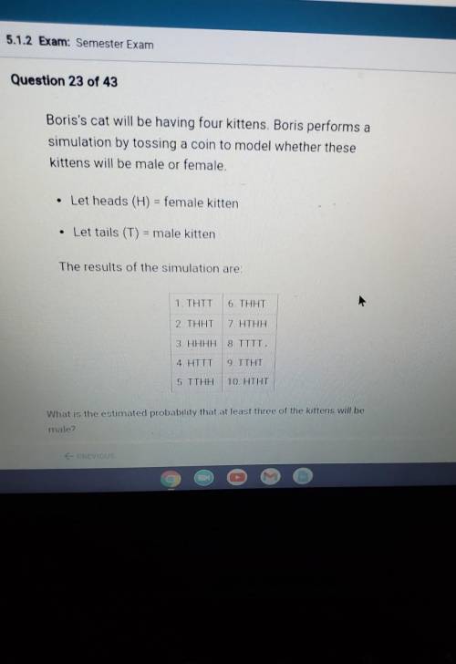 Question 23 of 43 Boris's cat will be having four kittens. Boris performs a simulation by tossing a