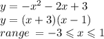 y =  -  {x}^{2}  - 2x + 3 \\ y = (x  + 3)(x - 1) \\ range \:  =  - 3 \leqslant x \leqslant 1