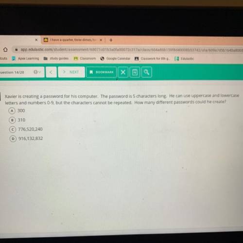 Xavier is creating a password for his computer. The password is 5 characters long. He can use upper