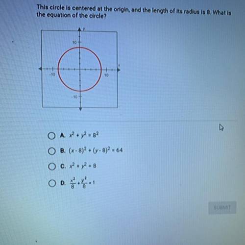 This circle is centered at the origin, and the length of its radius is 8. What is

the equation of