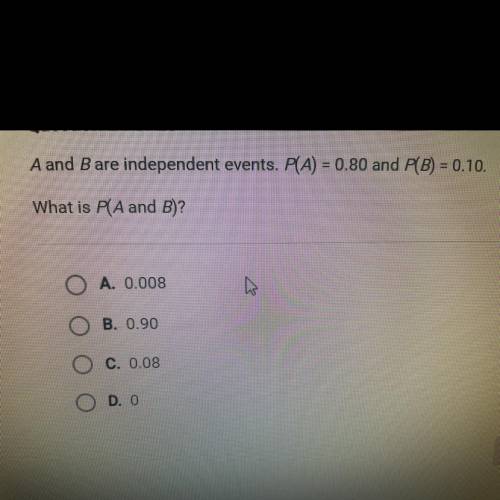 A and B are independent events. P(A) = 0.80 and P(B) = 0.10.
What is P(A and B)?