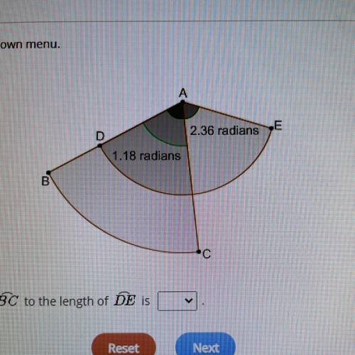 21

Select the correct answer from the drop-down menu.
2.36 radians E
1.18 radians
B
IF AD= AB
. t