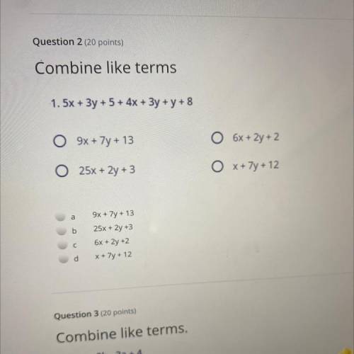 Combine like terms
1.5x + 3y + 5 + 4x + 3y + y + 8