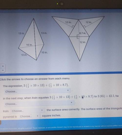 A triangular pyramid and its net are shown. Rain uses the calculations below to conclude that the s