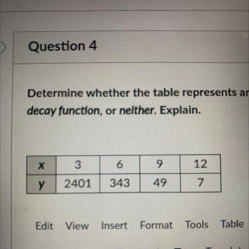 Determine whether the table represents an exponential growth function, an exponential

decay funct