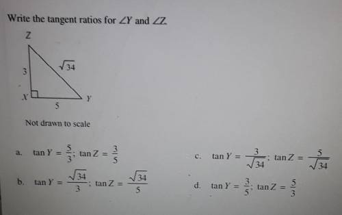 Write the tangent ratios for Y and Z. help asap​
