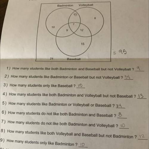 2) How many students like badminton or baseball but not volleyball?