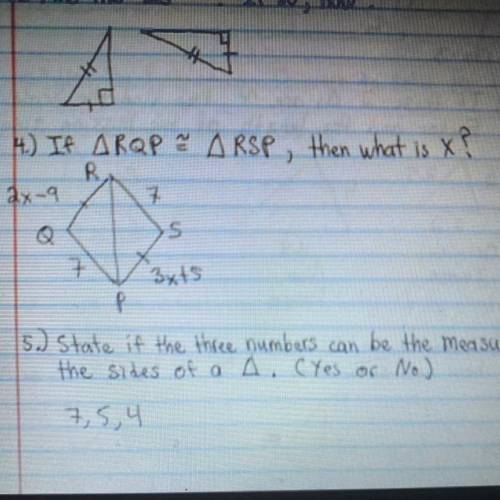(question 4) If triangle RQP is congruent to triangle RSP, then what is x?
