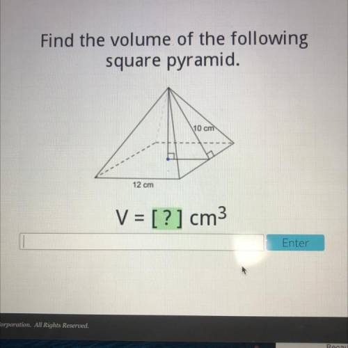 HELP ASAP I WILL MARK BRAINLIST

Find the volume of the following
square pyramid.
10 cm
12 cm