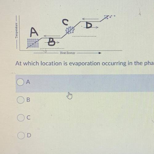 Question 2 (1 point)

Phase Change Diagram
Temperature
D
B
Heat Energy
At which location is evapor