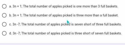 A basket holds n apples. You pick 2n-3 apples, and your friend picks n + 4 apples. Write an express