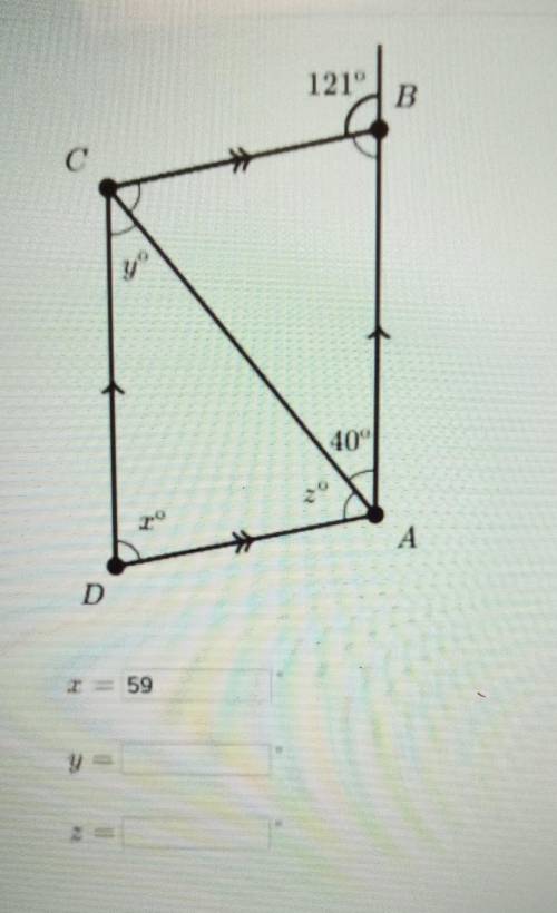 Side and angle properties of a parallelogram (level 2). NO LINKS!!!

Find the value of x, y, and z