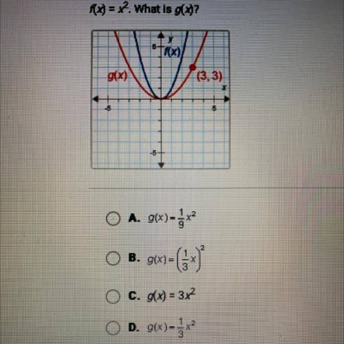 Help!

F(x) = x^2. What is g(x)?
A.) g(x) = -1/9x^2
B.) g(x) = (1/3x)^2
C.) g(x) = 3x^2
D.) g(x) =