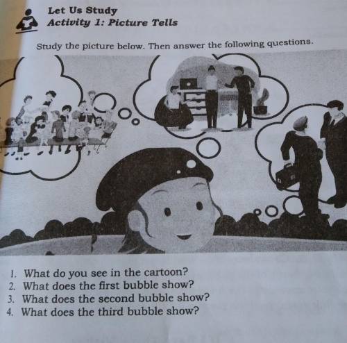15 pointss!!!

1.What do you see in the cartoon?2.What does the first bubble show?3.what does the