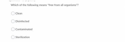 Which of the following means free from all organisms''?

1.clean 
2.disinfected 
3.contaminated