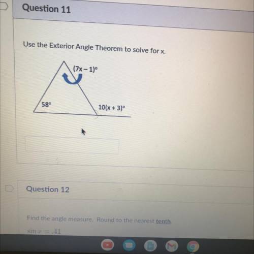 Use the Exterior Angle Theorem to solve for x.
please help asap