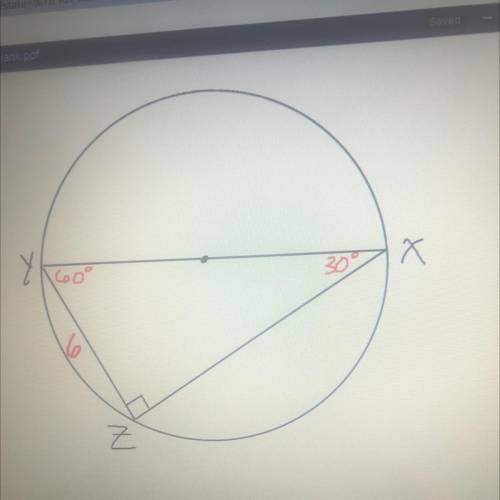 XY is a diameter of a circle and Z is a point on the circle such that ZY=6. If the area of the tria