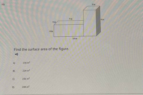 Find the surface area of the figure

A. 136 inB. 224 inC. 236 in D. 248 in