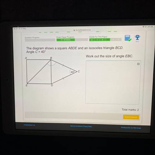 33%

The diagram shows a square ABDE and an isosceles triangle BCD.
Angle C = 40°
Work out the siz