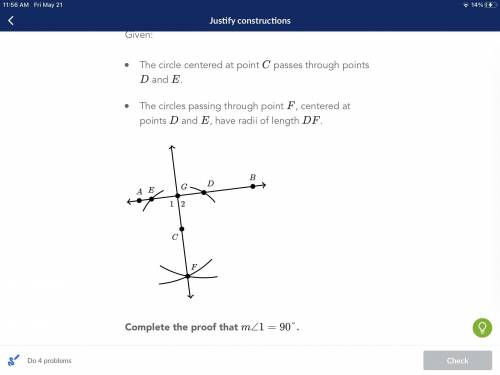 Complete the proof that m<1 = 90