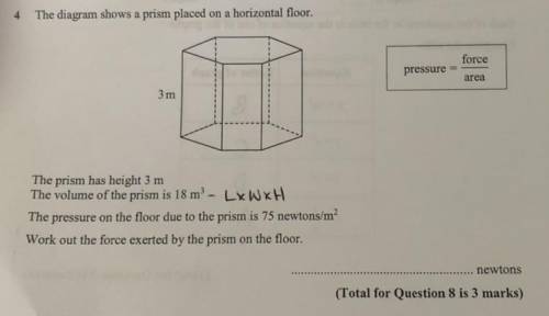 The diagram shows a prism placed on a horizontal floor. The prism has height 3m. The volume of the