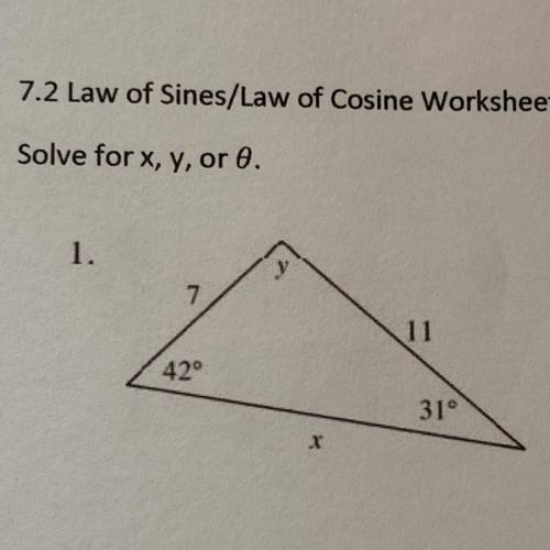 Law of sines/law of cosines. solve for X, Y, or O
