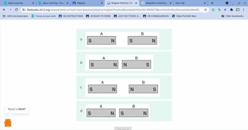 Magnets A and B are equally strong. In what position will the two magnets be most strongly attracte