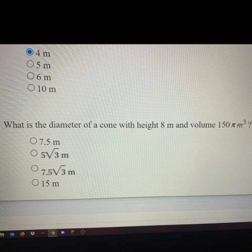 What is the diameter of a cone with height 8 m and volume 150 pi m3 ?