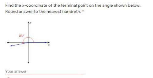 Find the x-coordinate of the terminal point on the angle shown below. Round answer to the nearest h