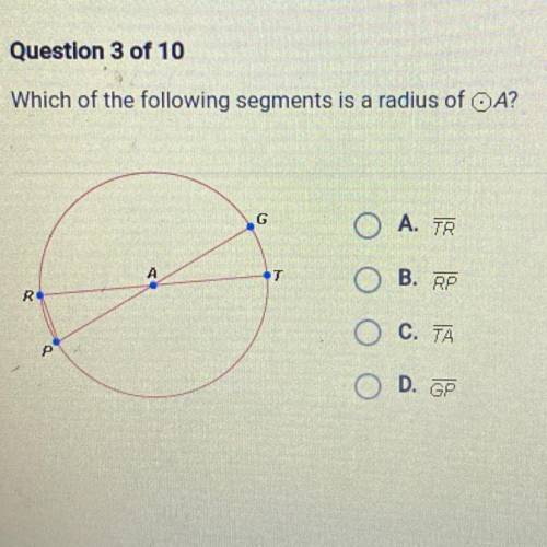 Question 3 of 10

Which of the following segments is a radius of OA?
G
O A. TR
7
B.
R
C. TA
P
D. G