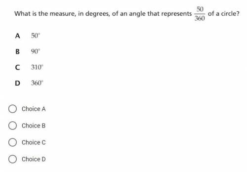 What is the measure, in degrees, of an angle that represents 50/350 of a circle?