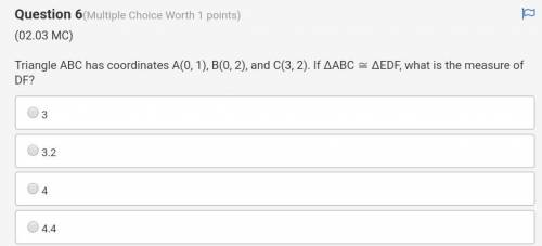 Triangle ABC has coordinates A(0, 1), B(0, 2), and C(3, 2). If ΔABC ≅ ΔEDF, what is the measure of