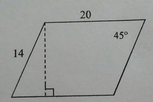 I need help!!

If the sides of a parallelogram are 14 and 20 and one of the angles measures 45°, t