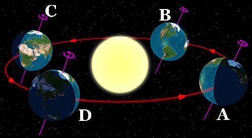 At which position is the northern hemisphere experiencing spring?

Point A
Point B
Point C
Point D