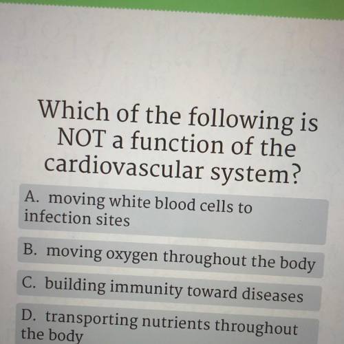 Which of the following is

NOT a function of the
cardiovascular system?
A. moving white blood cell