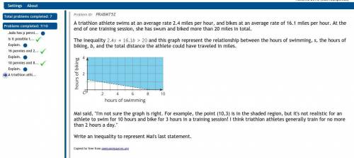 A triathlon athlete swims at an average rate 2.4 miles per hour, and bikes at an average rate of 16