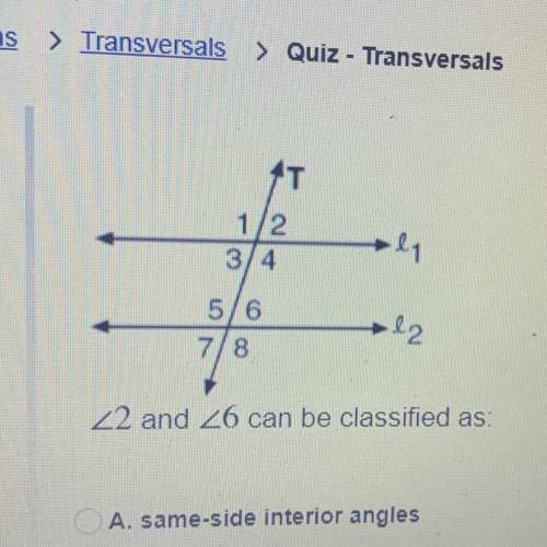 <2 and <6 can be classified as:

A. same-side interior angles
B. corresponding angles
C. alt