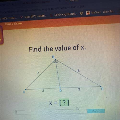 Find the value of x. B x 6 A 2 D 3 C