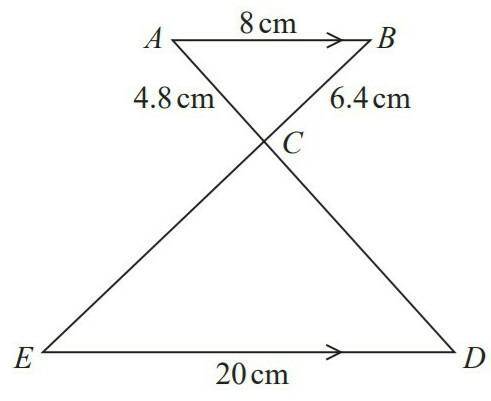 AB is parallel to ED.

ACD and BCE are straight lines.AB = 8 cmAC = 4.8cmBC = 6.4cmED = 20 cmWork