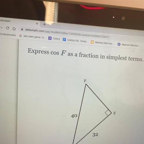 Express cos F as a fraction in simplest terms.