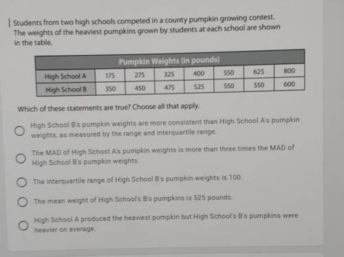 | Students from two high schools competed in a county pumpkin growing contest. The weights of the h