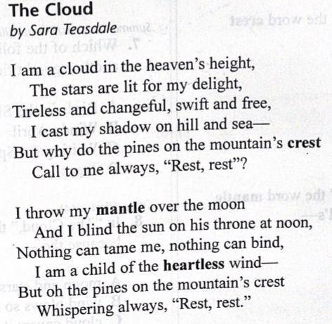 This really confuses me. Can someone help??
In The Cloud the word mantle means the clouds-