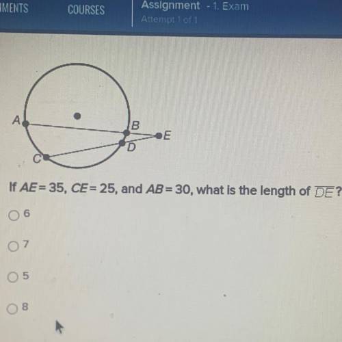 If AE = 35, CE = 25 and AB = 30 what is the length of DE