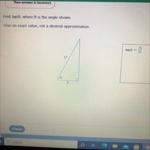 Find tan 0, where 0 is the angle shown.
Give an exact value, not a decimal approximation.