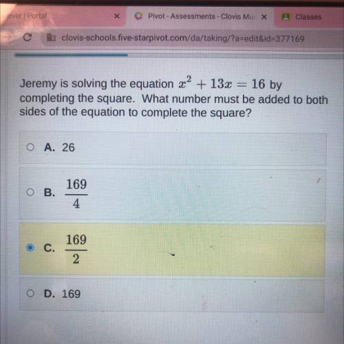 Jeremy is solving the equation 22 + 13x = 16 by

completing the square. What number must be added