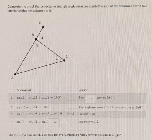 Complete the proof that an exterior angle measure equals the sum of the measures of the two interio
