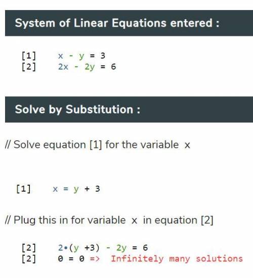 Solve the system of equations x-y=-3 
2x-2y=-6