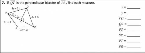 If QT is the perpendicular bisector of PR, Find each measure.